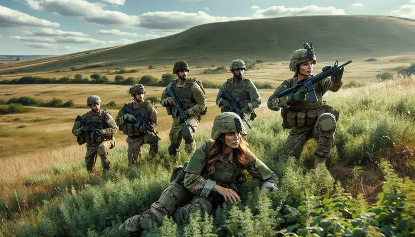 Grupo de cinco soldados en uniforme de camuflaje avanzando en formación por terreno irregular con vegetación baja, liderados por una soldata caucásica.