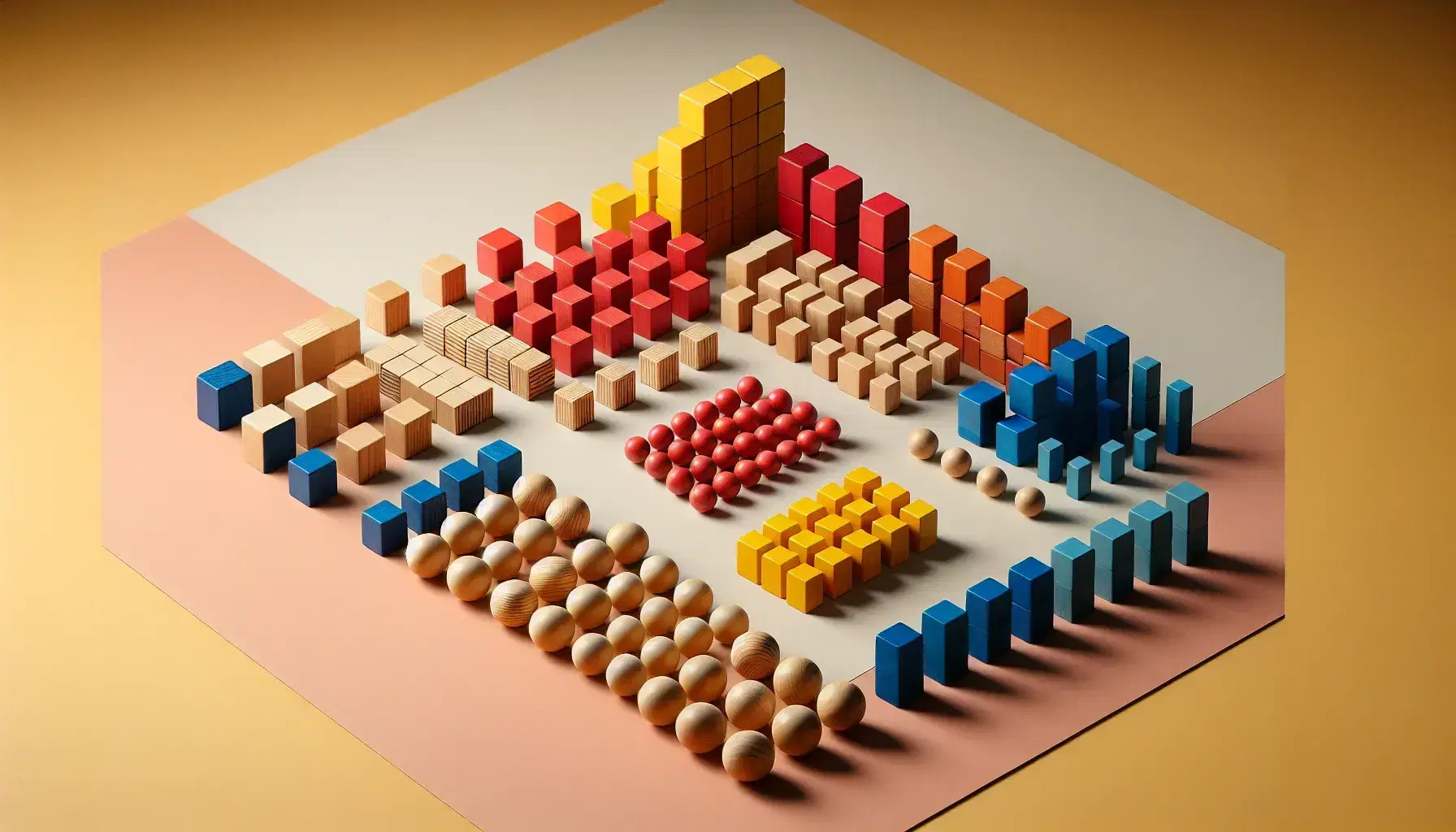 Bloques de madera geométricos en colores rojo, azul, amarillo y verde, ordenados en patrones y secuencias sobre superficie clara.