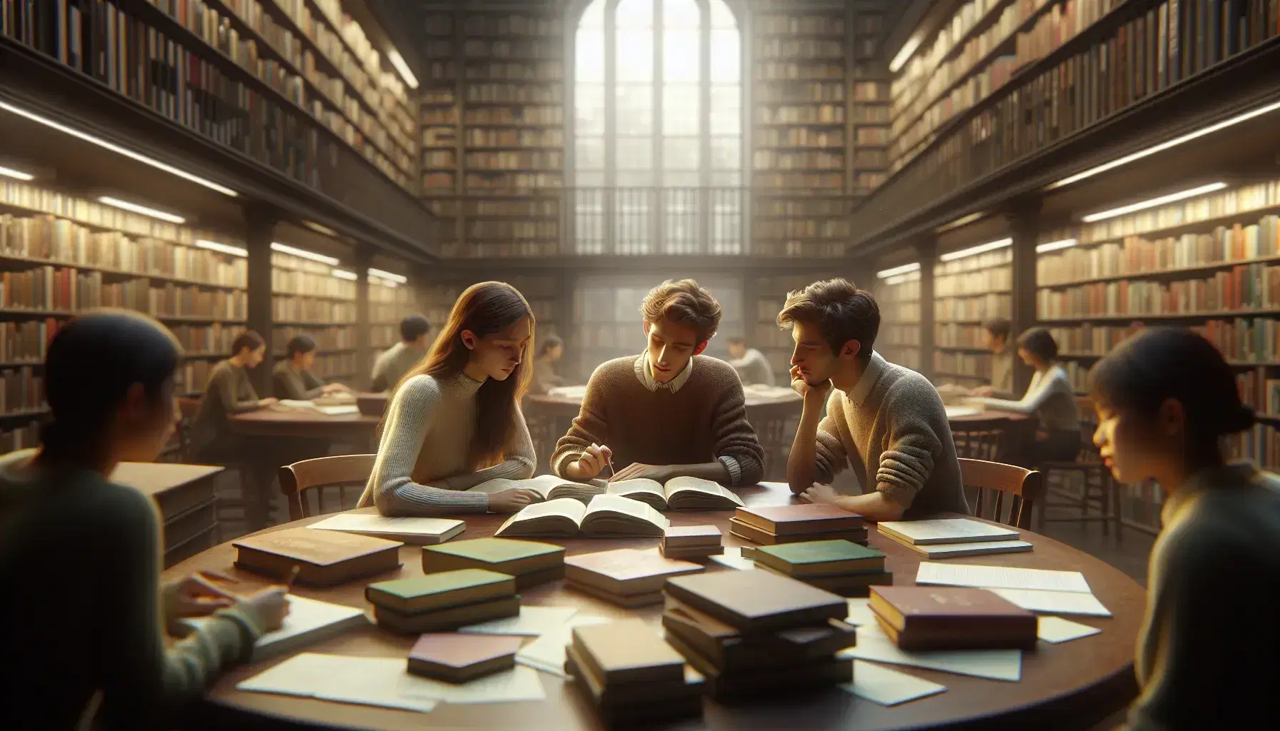 Estudiantes concentrados estudiando y tomando notas en una biblioteca, rodeados de libros y papeles, con estantes llenos de libros al fondo.