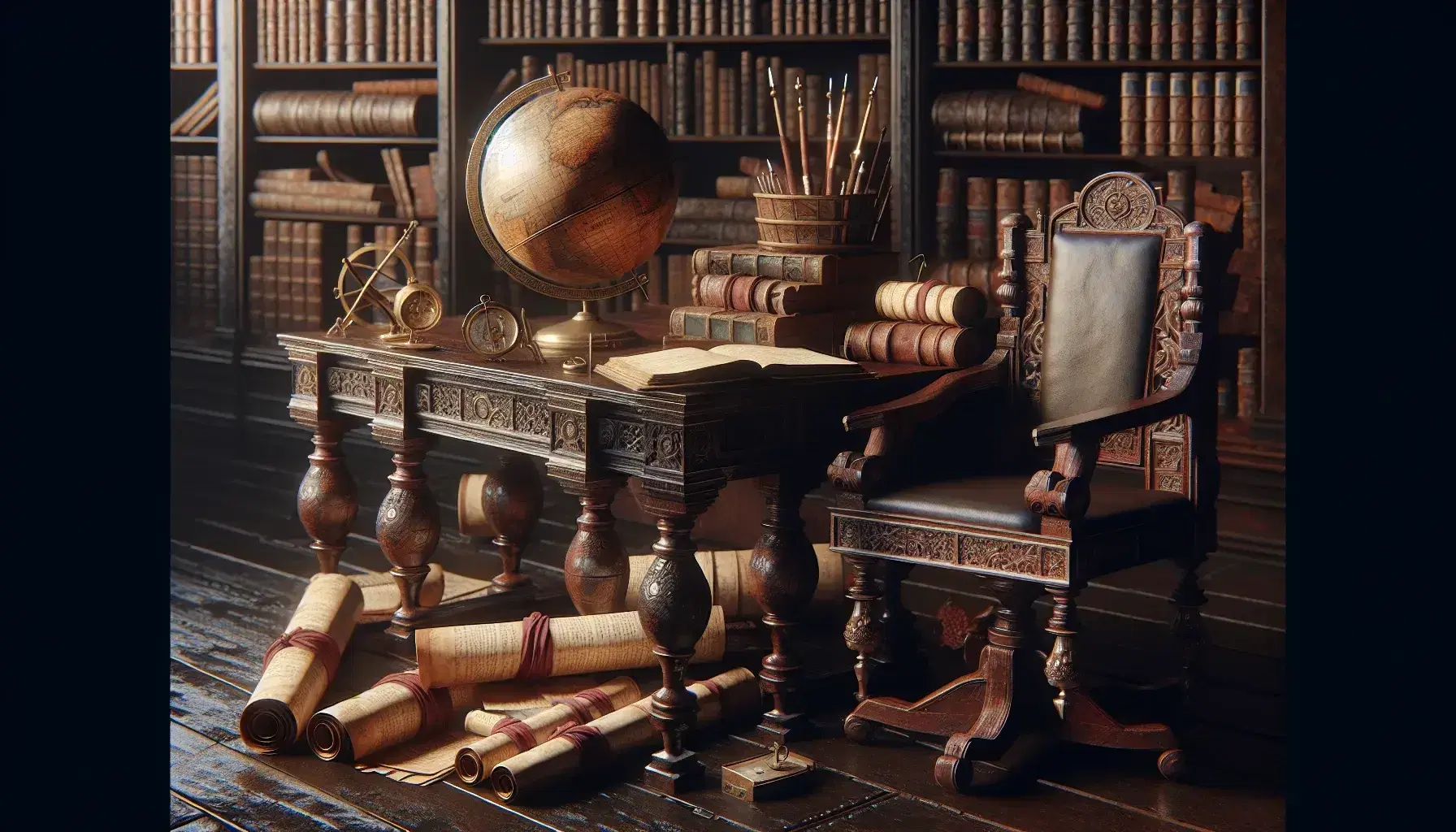 Estudio antiguo con mesa de madera oscura, globo terráqueo antiguo, compás de metal, pergaminos atados y estanterías llenas de libros encuadernados en cuero bajo la luz natural de una ventana.
