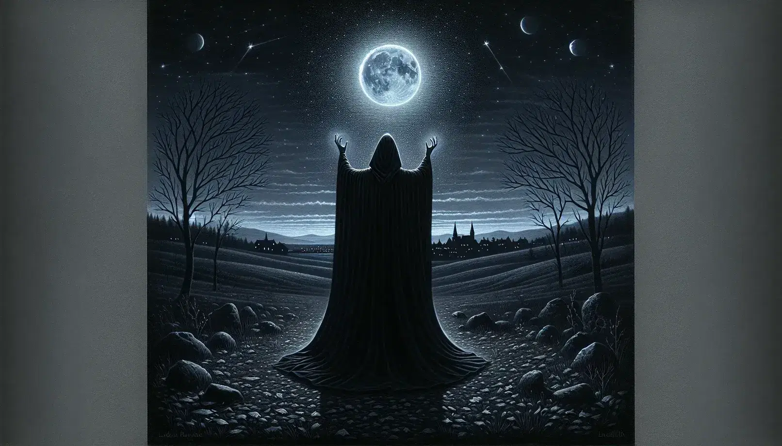 Scena notturna con figura umana in mantello nero che invoca sotto la luna piena, colline e paesino in lontananza, cielo stellato.