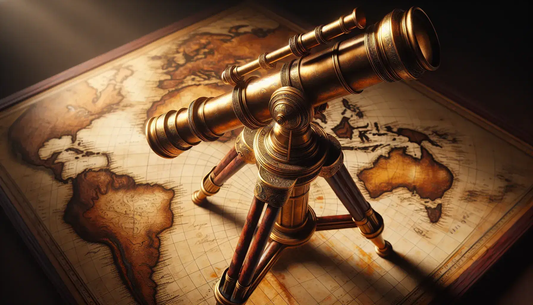 Vintage brass telescope on carved wooden tripod over antique world map, showing patina and signs of age, with soft lighting highlighting textures.