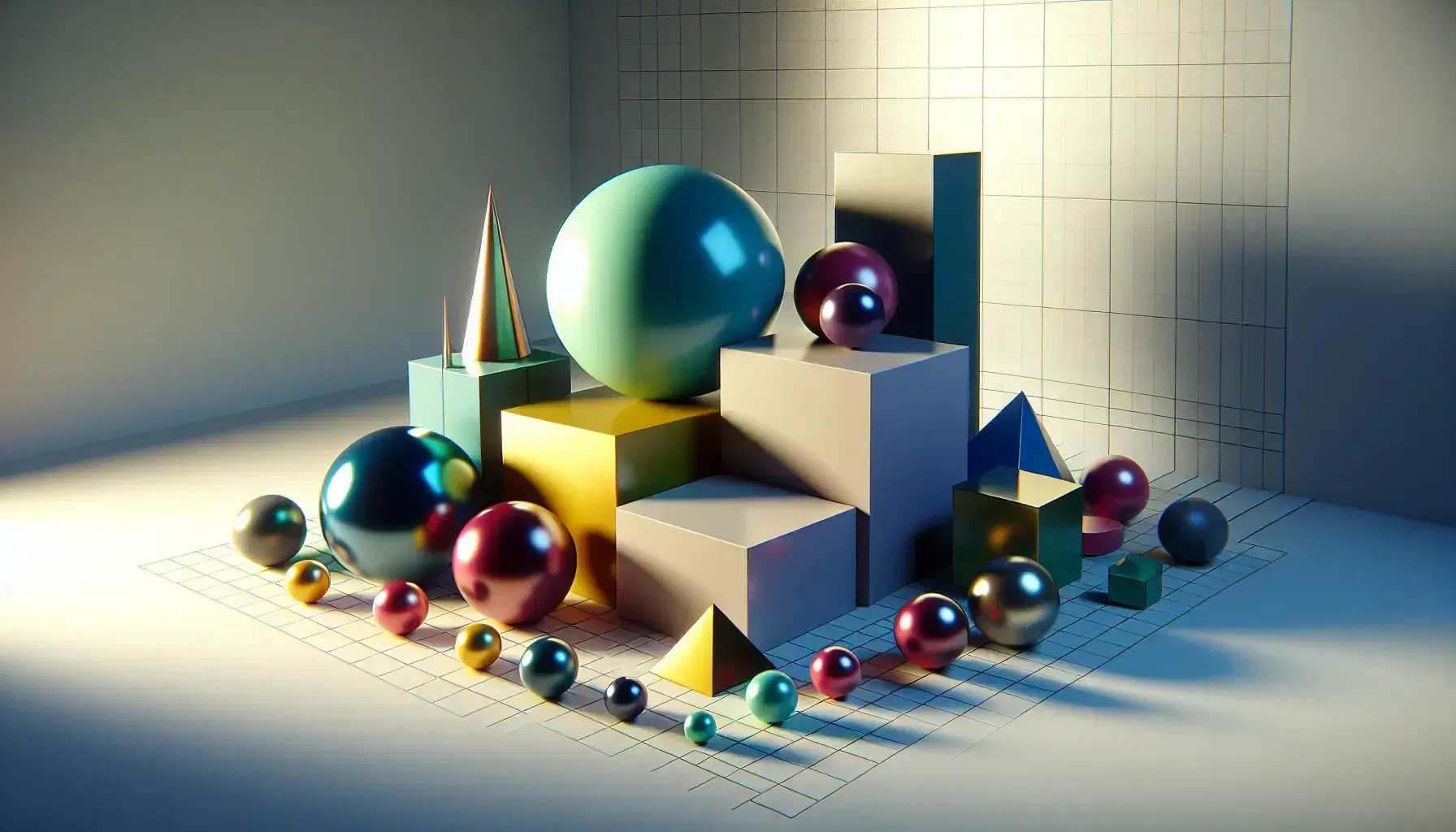 Colorful 3D geometric shapes with glossy spheres, matte cubes, and reflective gold pyramids arranged on a faint grid background with soft shadows.