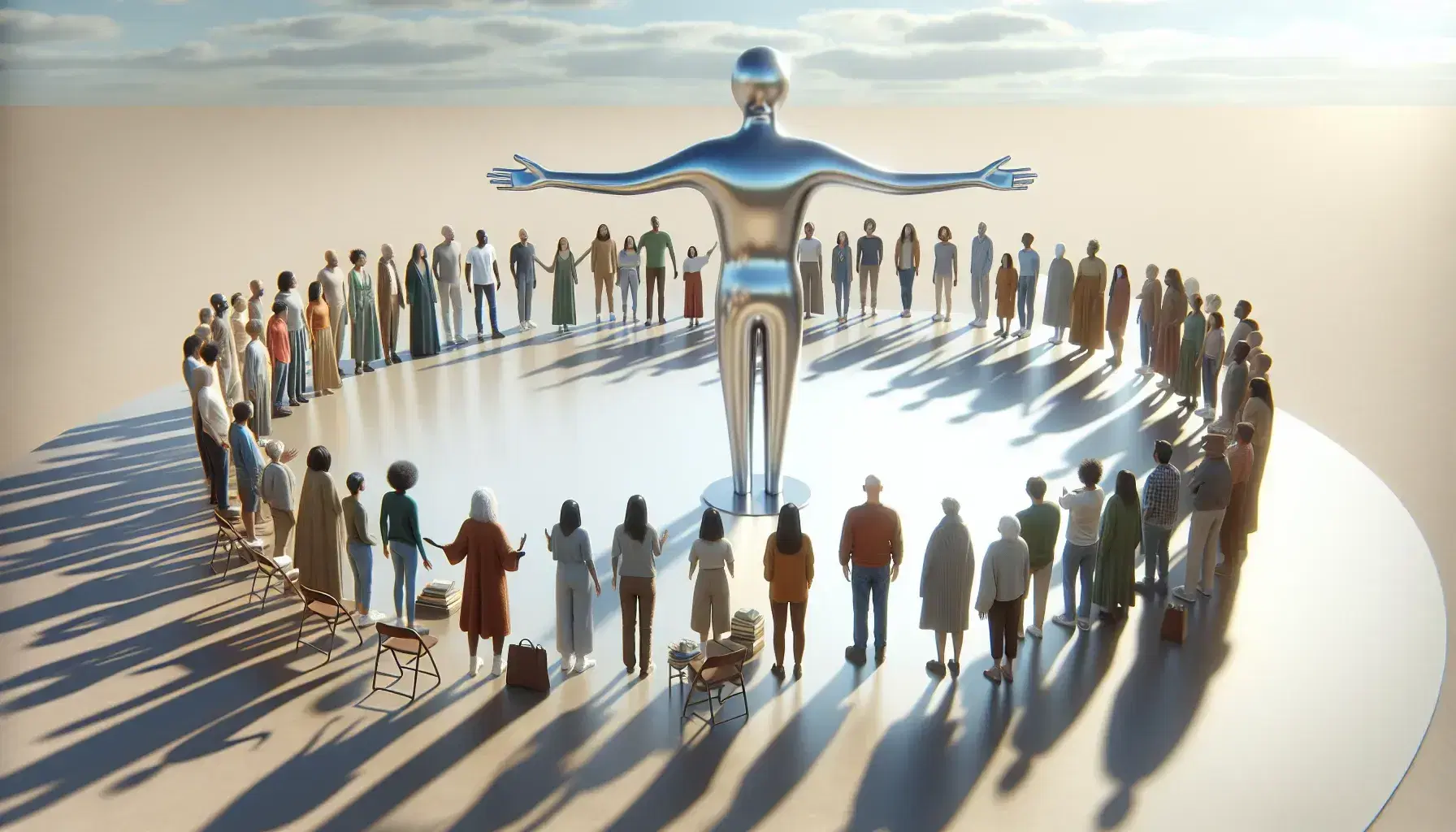 Grupo diverso de personas en círculo alrededor de una escultura metálica abstracta con brazos alzados, bajo un cielo claro, transmitiendo inclusión y atención mutua.