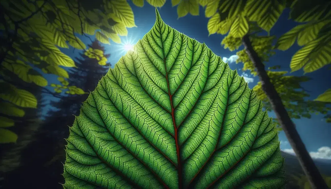 Foglia verde traslucida con venature evidenziate dal sole su sfondo di cielo azzurro con nuvole e chioma di alberi sfocati.