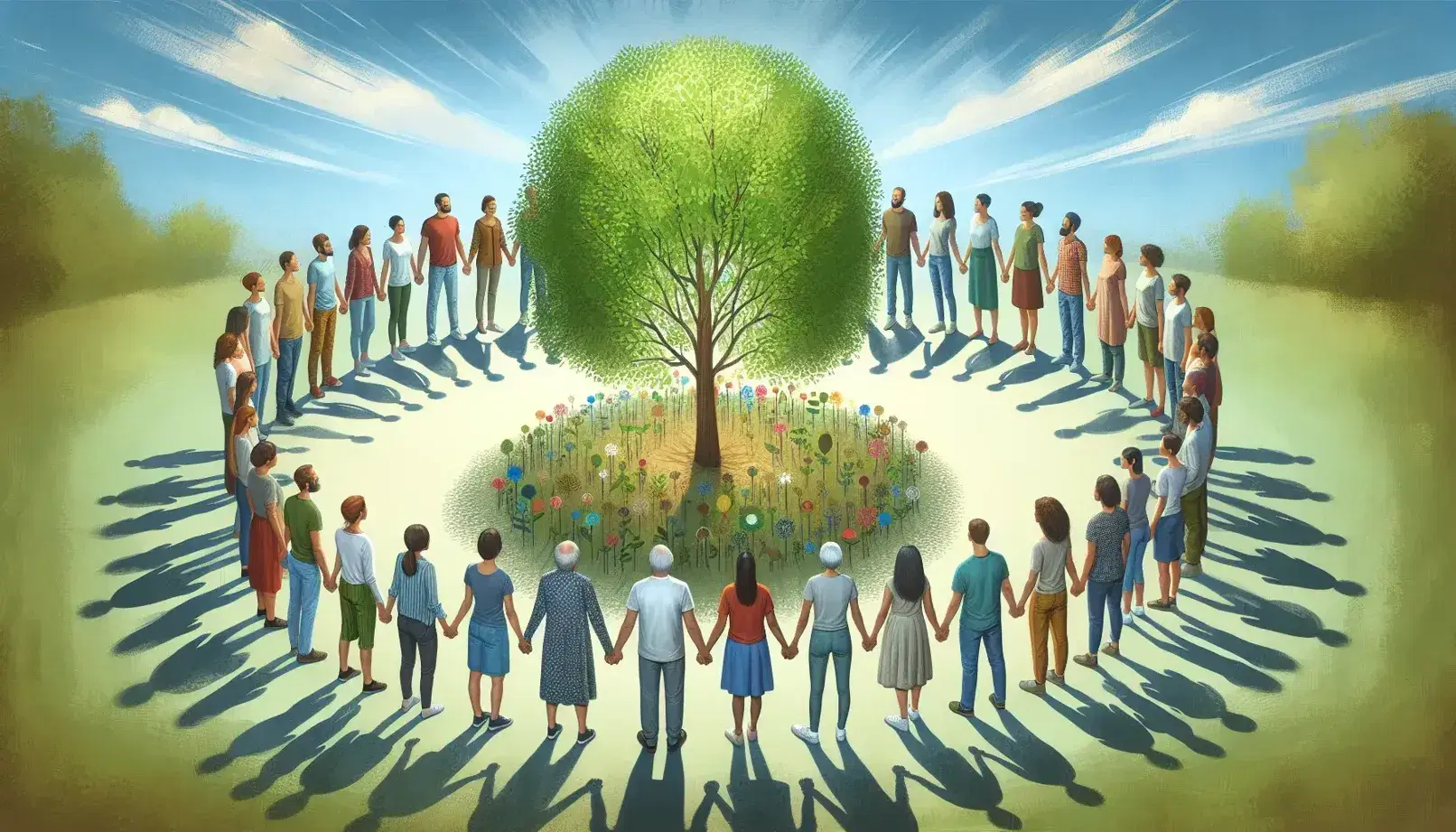 Grupo diverso de personas de distintas edades y etnias tomadas de las manos alrededor de un árbol frondoso bajo la luz del sol en un día despejado.