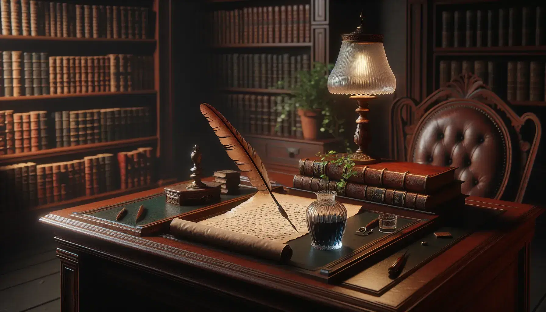 Scena di biblioteca antica con scrivania in legno scuro, calamaio con penna d'oca, pergamena e scaffali di libri rilegati, luce soffusa e pianta verde.