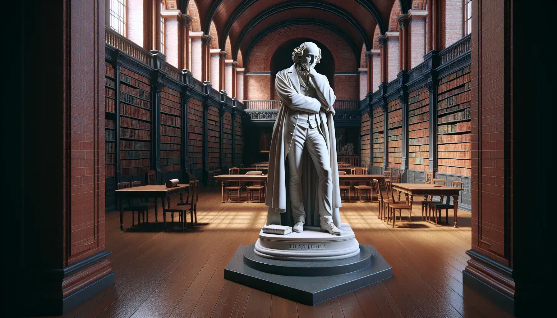 Statua in marmo bianco di filosofo ottocentesco pensieroso con libro, su piedistallo in aula accademica con libreria e finestre ad arco.