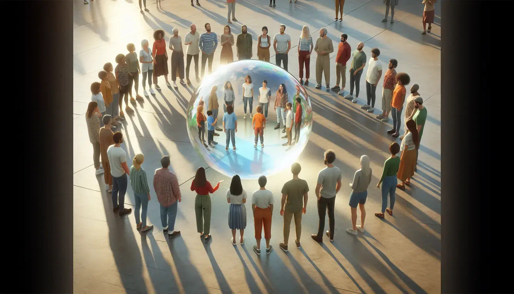 Grupo diverso de personas en círculo alrededor de una esfera transparente flotante en un espacio iluminado, reflejando luz y mostrando interacción.