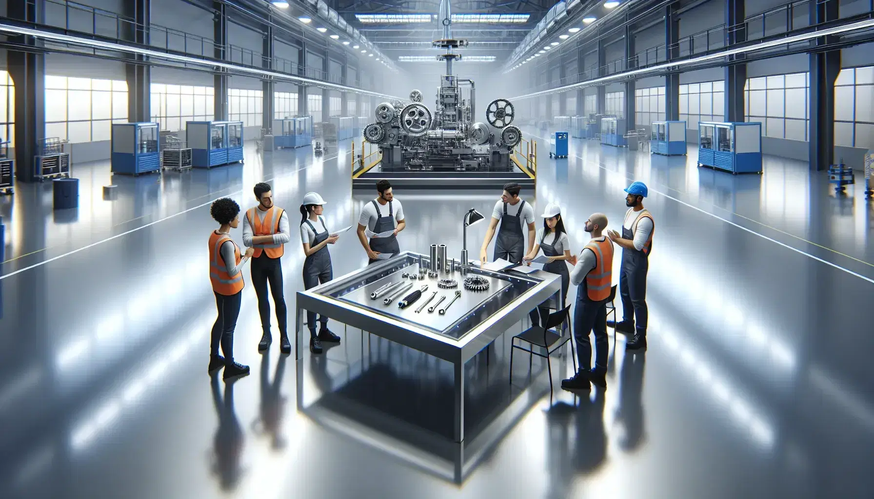 Diverse team of workers in safety gear discusses over a table with tools in a bright, modern manufacturing plant with large machinery.