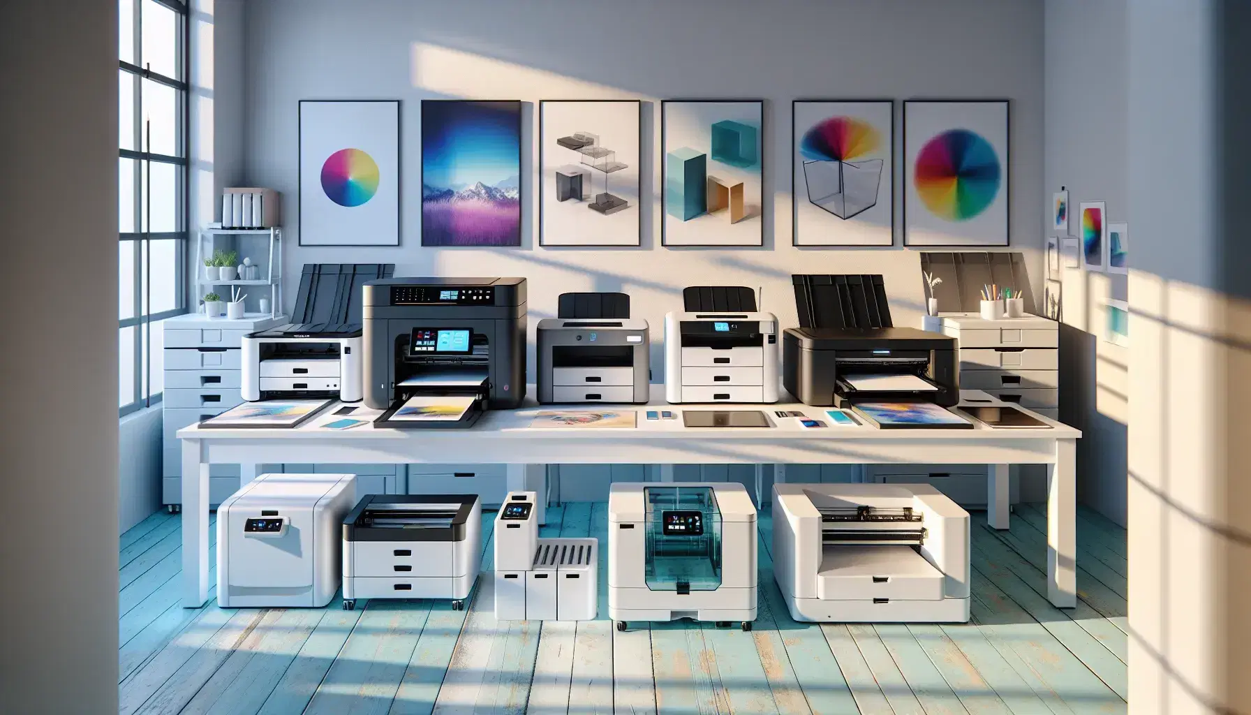 Stampanti inkjet, laser e 3D su tavolo bianco in ambiente luminoso con fogli colorati, senza persone.