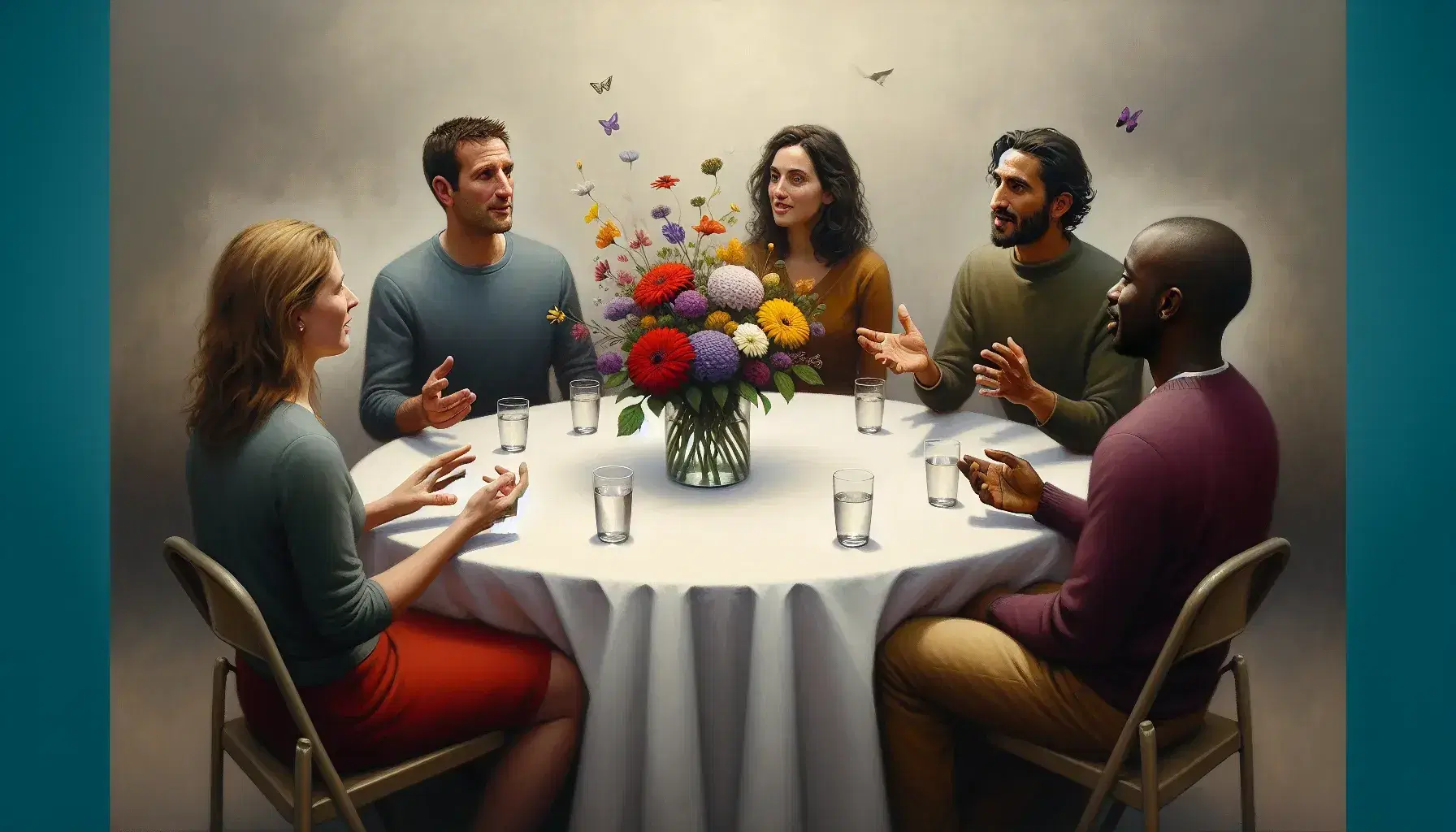 Diverse group engaged in discussion at a round table with a vase of colorful flowers, each with a glass of water, in a well-lit room.