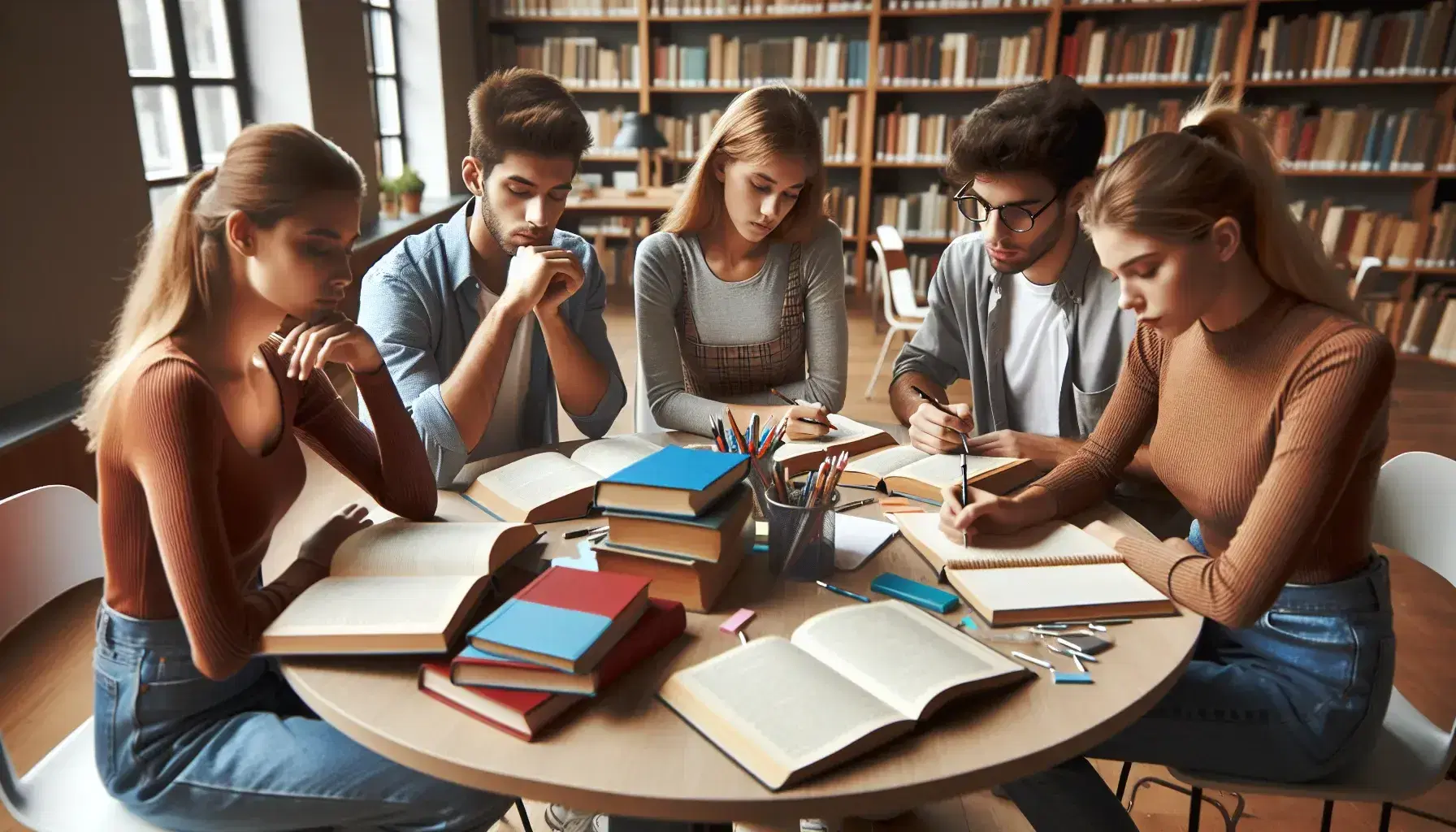 Estudiantes concentrados estudiando en biblioteca, con libros y cuadernos sobre mesa redonda bajo luz natural.