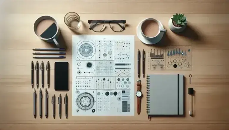 Escritorio de oficina de madera con diagrama geométrico, bolígrafos, taza de café, planta, smartphone, libreta y gafas, en una atmósfera de trabajo tranquila.