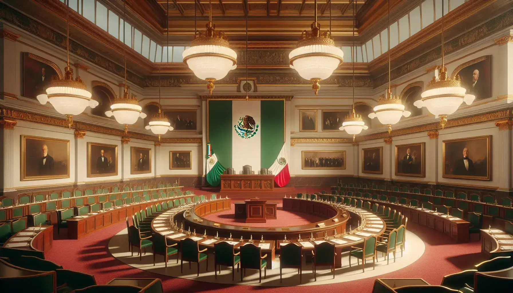Sala del Congreso de la Unión en México con mesa ovalada, sillas de madera, lámparas clásicas y bandera nacional al fondo.