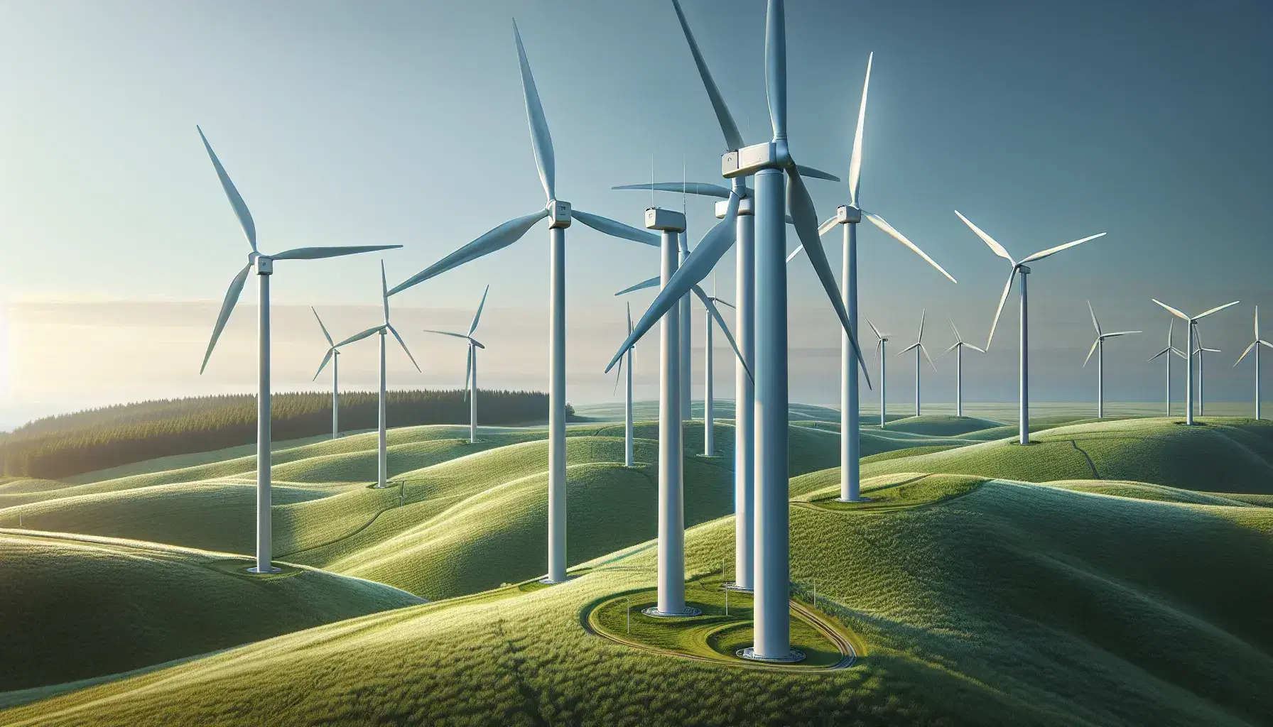 Modern wind farm with white turbines on green hills under a blue sky, showcasing renewable energy technology and natural landscape integration.