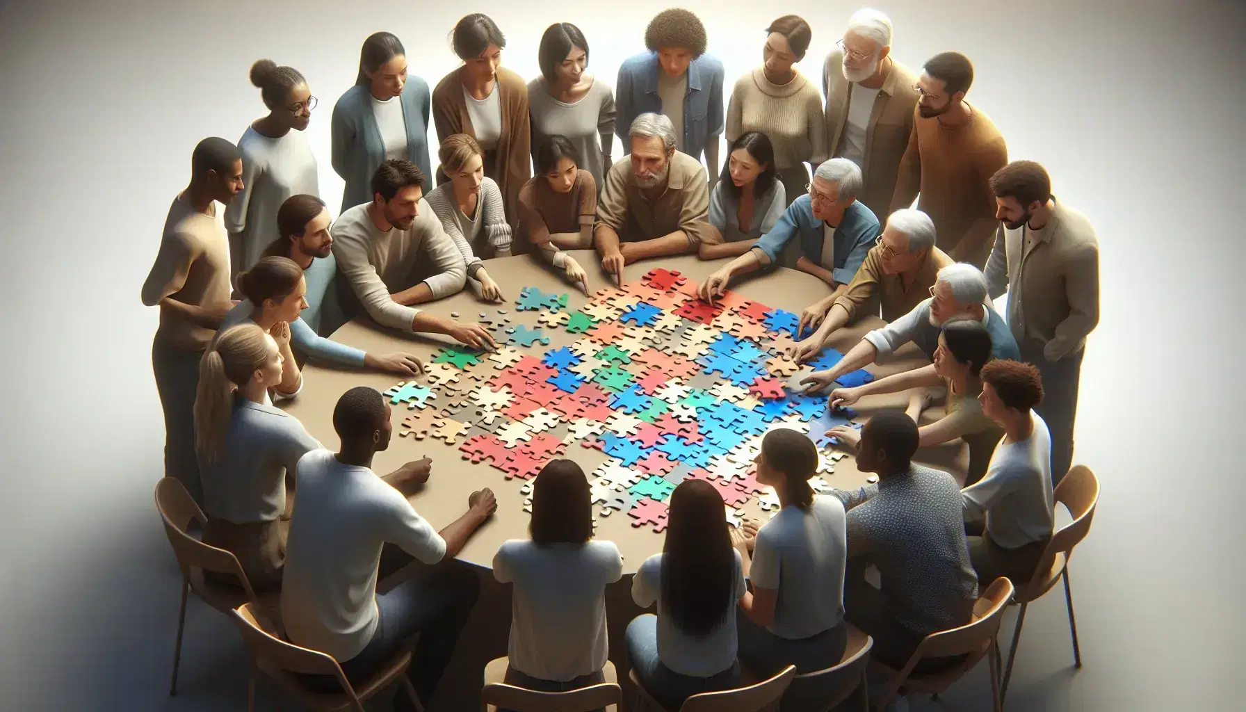 Grupo diverso de personas colaborando en la construcción de un rompecabezas de piezas de colores en una mesa redonda, reflejando trabajo en equipo y concentración.