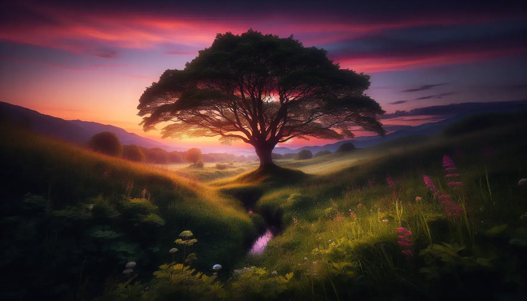Paesaggio naturale al tramonto con albero solitario su collina erbosa, fiori selvatici, ruscello e montagne sfumate sullo sfondo.