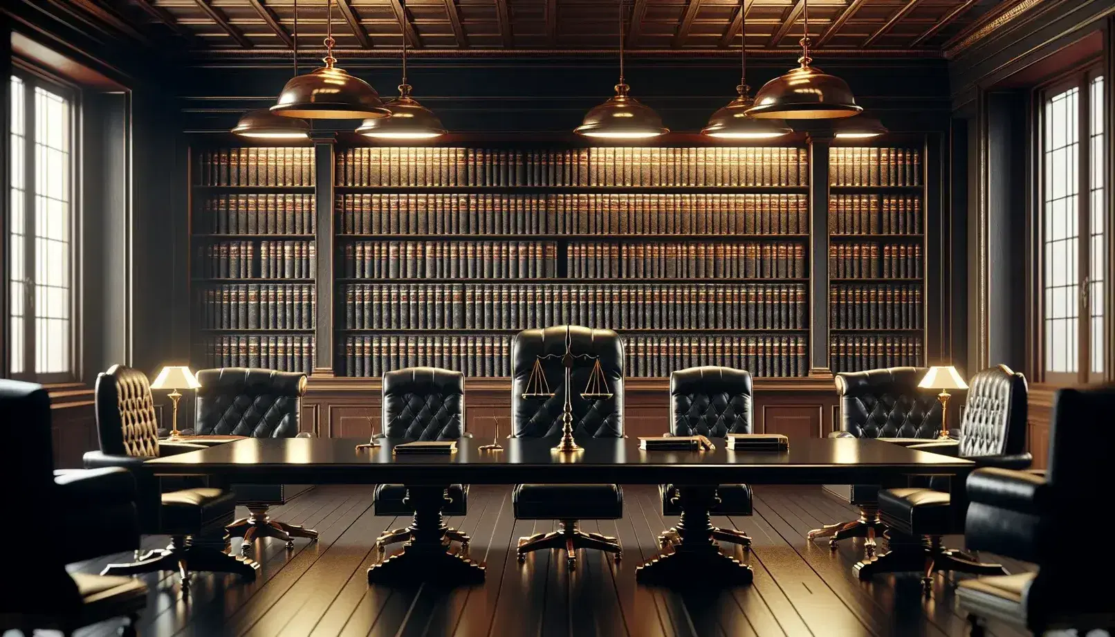 Sala de tribunal formal con mesa de madera oscura, sillas de cuero negro, estantería con libros encuadernados y balanza de justicia equilibrada.