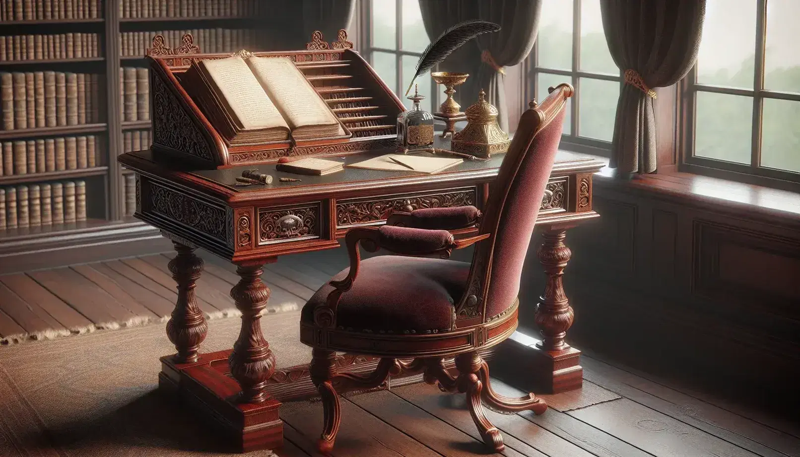 Victorian study room with polished mahogany desk, open leather book, quill pen in brass inkwell, red velvet armchair, and bookcase against bay window.