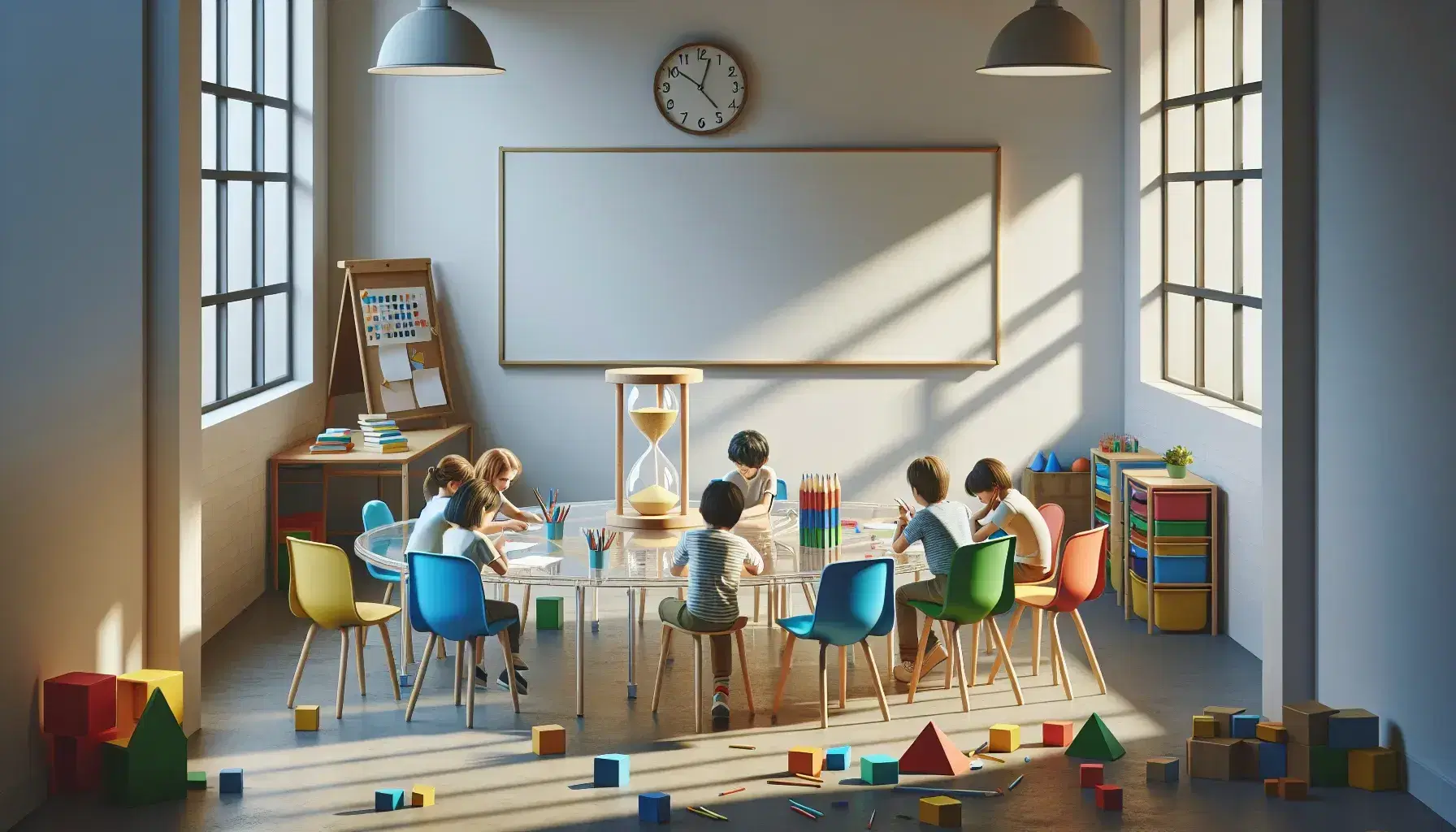 Aula luminosa con estudiantes alrededor de una mesa redonda con sillas de colores, bloques geométricos, papeles y lápices, reloj de arena en el centro y estantería con libros al fondo.