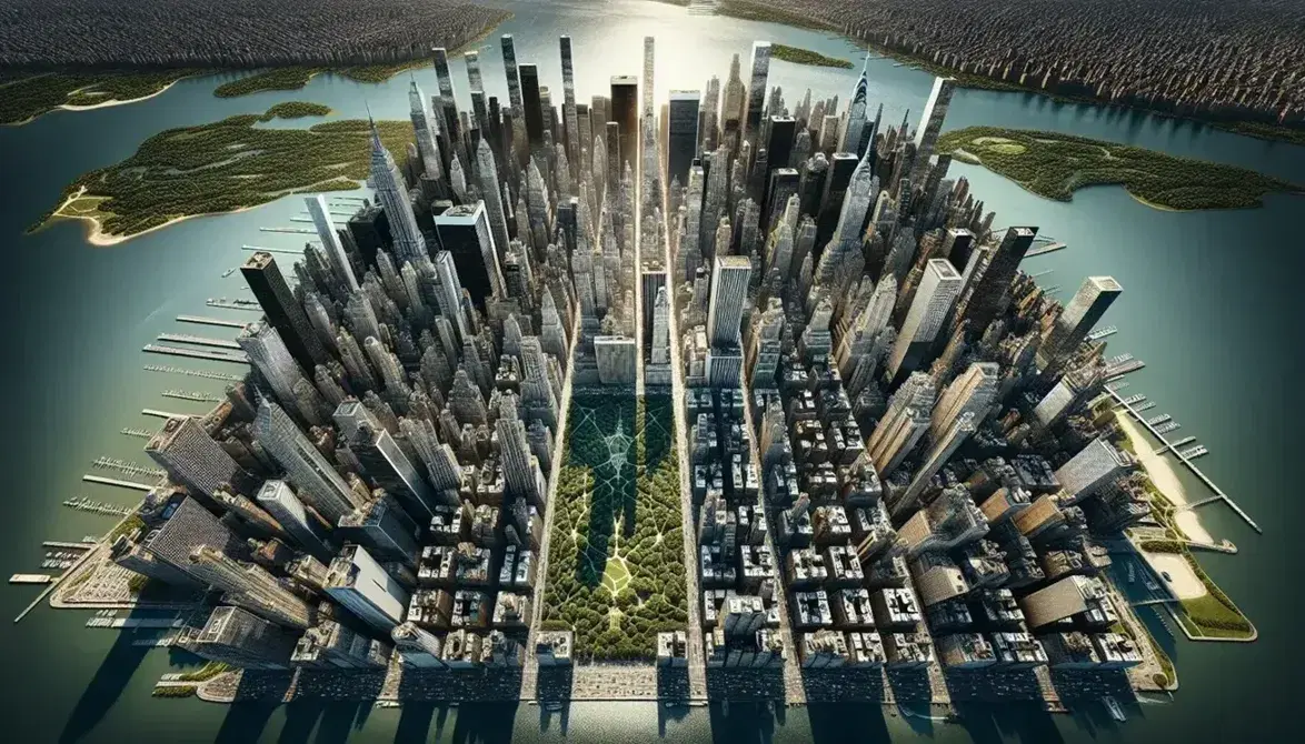 Veduta aerea di Manhattan con grattacieli, Central Park e il fiume Hudson, che evidenzia il contrasto tra natura e urbanizzazione.