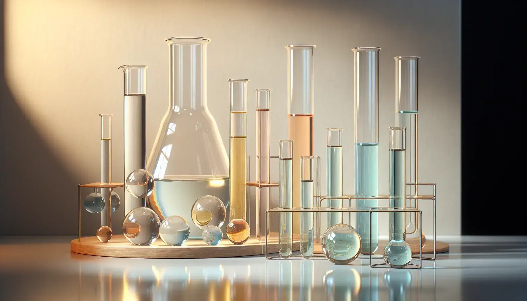 Tubos de ensayo de vidrio con líquidos de colores sobre superficie blanca, junto a matraz Erlenmeyer y soporte de madera en laboratorio.
