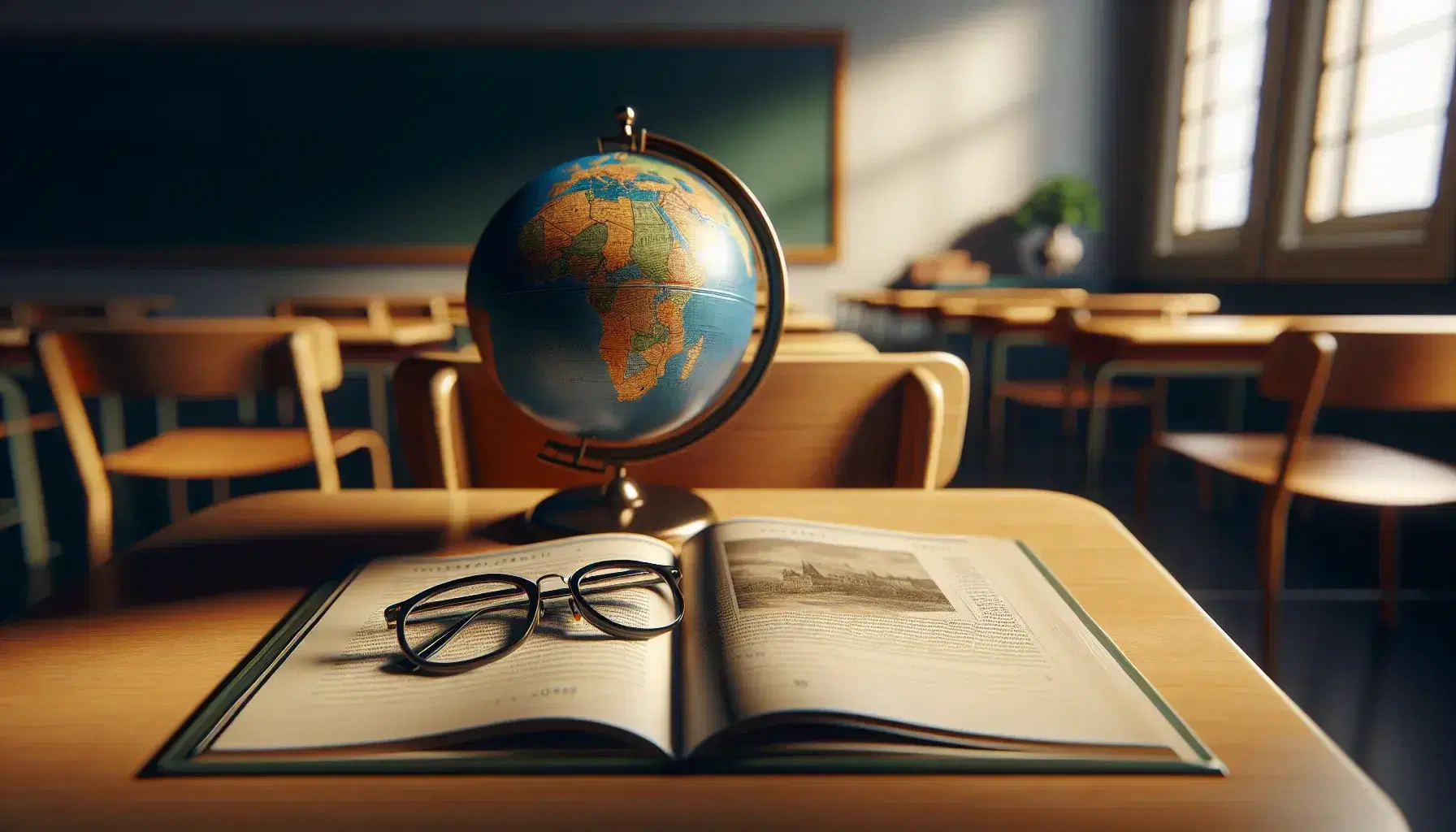 Spanish classroom with an open textbook, round-lensed eyeglasses on a desk, a colorful globe featuring the Atlantic, and a green chalkboard in the background.