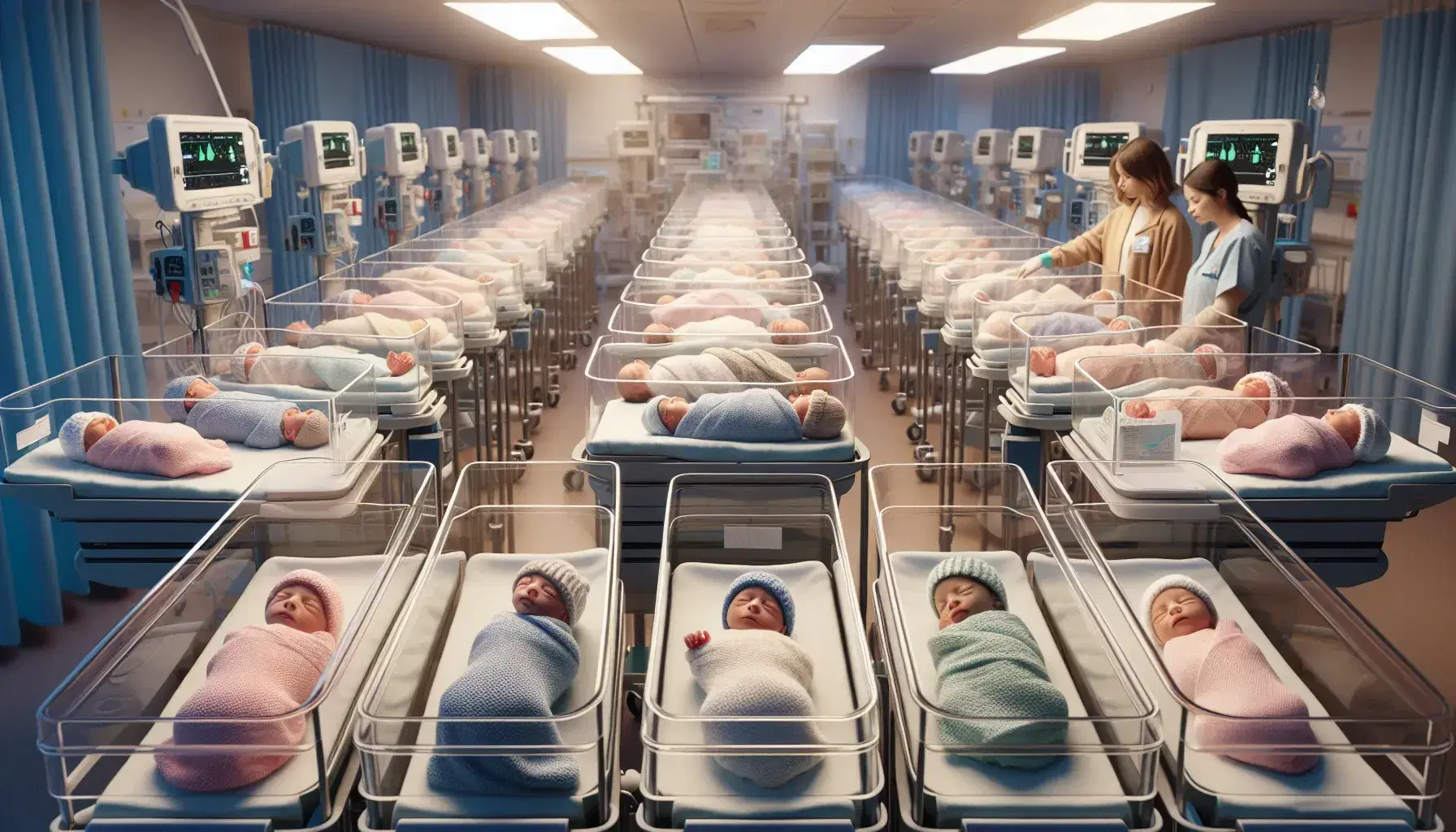 Recién nacidos durmiendo en cunas hospitalarias transparentes en una sala neonatal, con mantas suaves y gorros tejidos, y enfermera atendiendo en el fondo.
