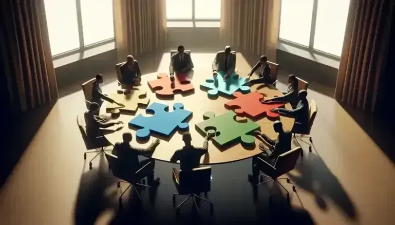 Diverse hands place colorful puzzle pieces on a round wooden table in a sunlit conference room, symbolizing unity and collaboration.
