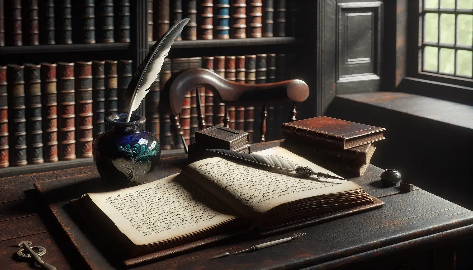 Scrivania antica in legno scuro con calamaio in ceramica, penna d'oca, libro aperto inclinato e libreria sullo sfondo.