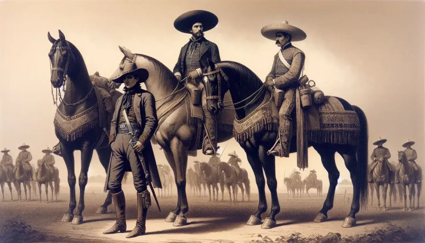 Tres figuras históricas de México en el siglo XIX, una montando un caballo oscuro con espada en mano y dos acompañantes, uno a pie y otro a caballo, en un paisaje natural al atardecer.