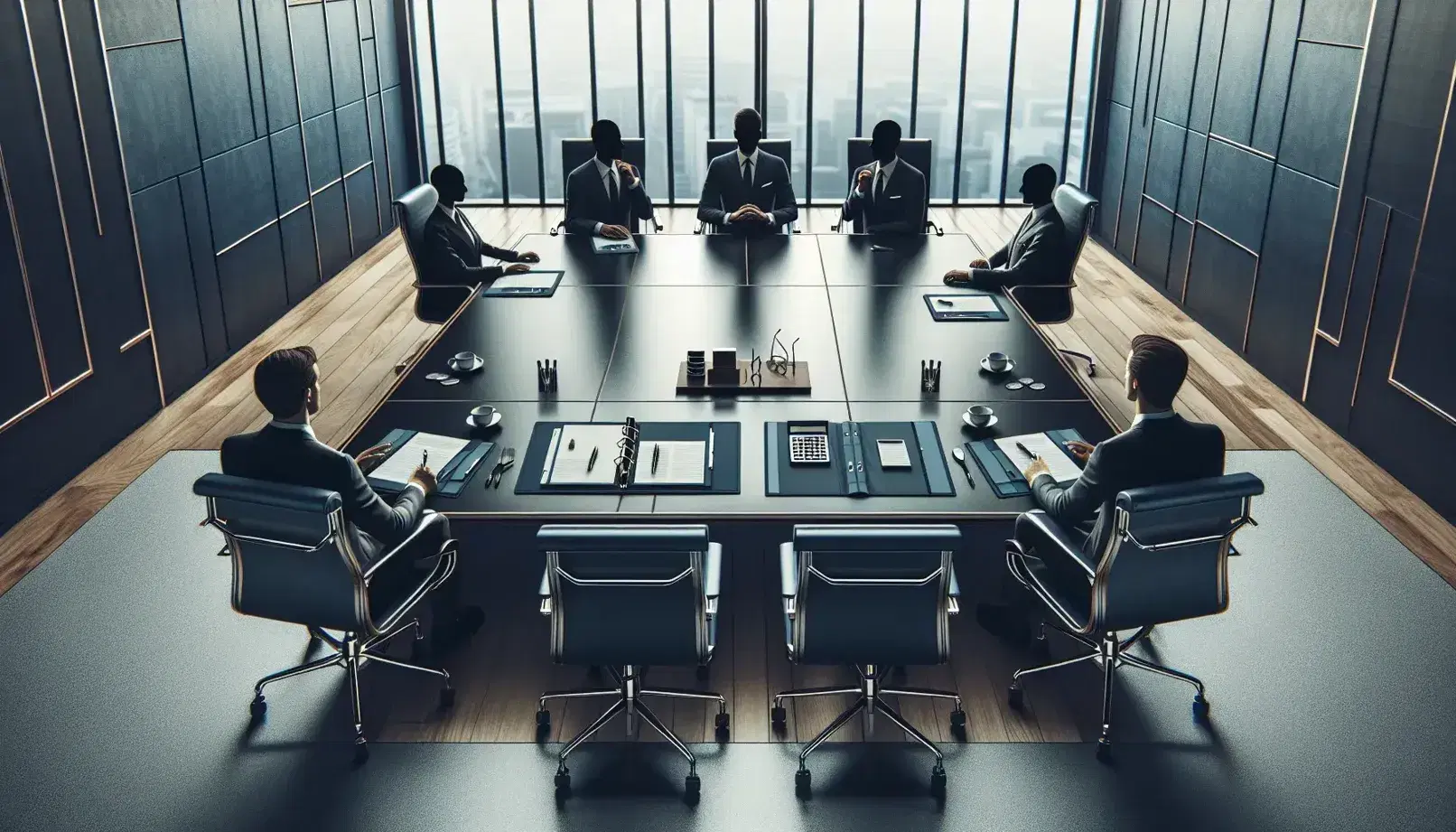Four professionals in business attire engaged in a meeting around a sleek black conference table with office supplies and a city view.