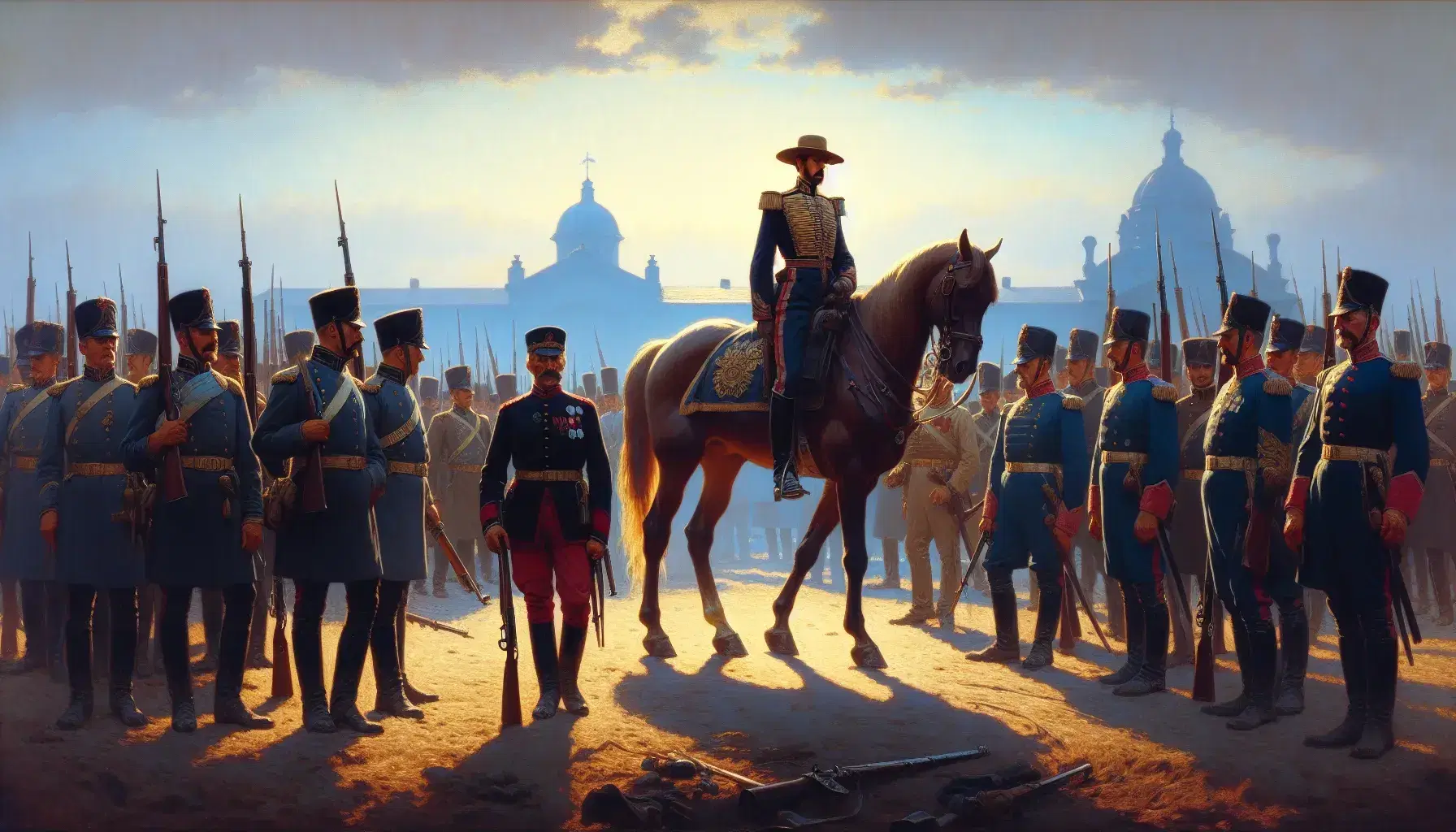 Escena histórica del siglo XIX con un oficial a caballo y soldados en uniformes militares, portando fusiles con bayonetas y una bandera nacional, bajo un cielo azul sin nubes.