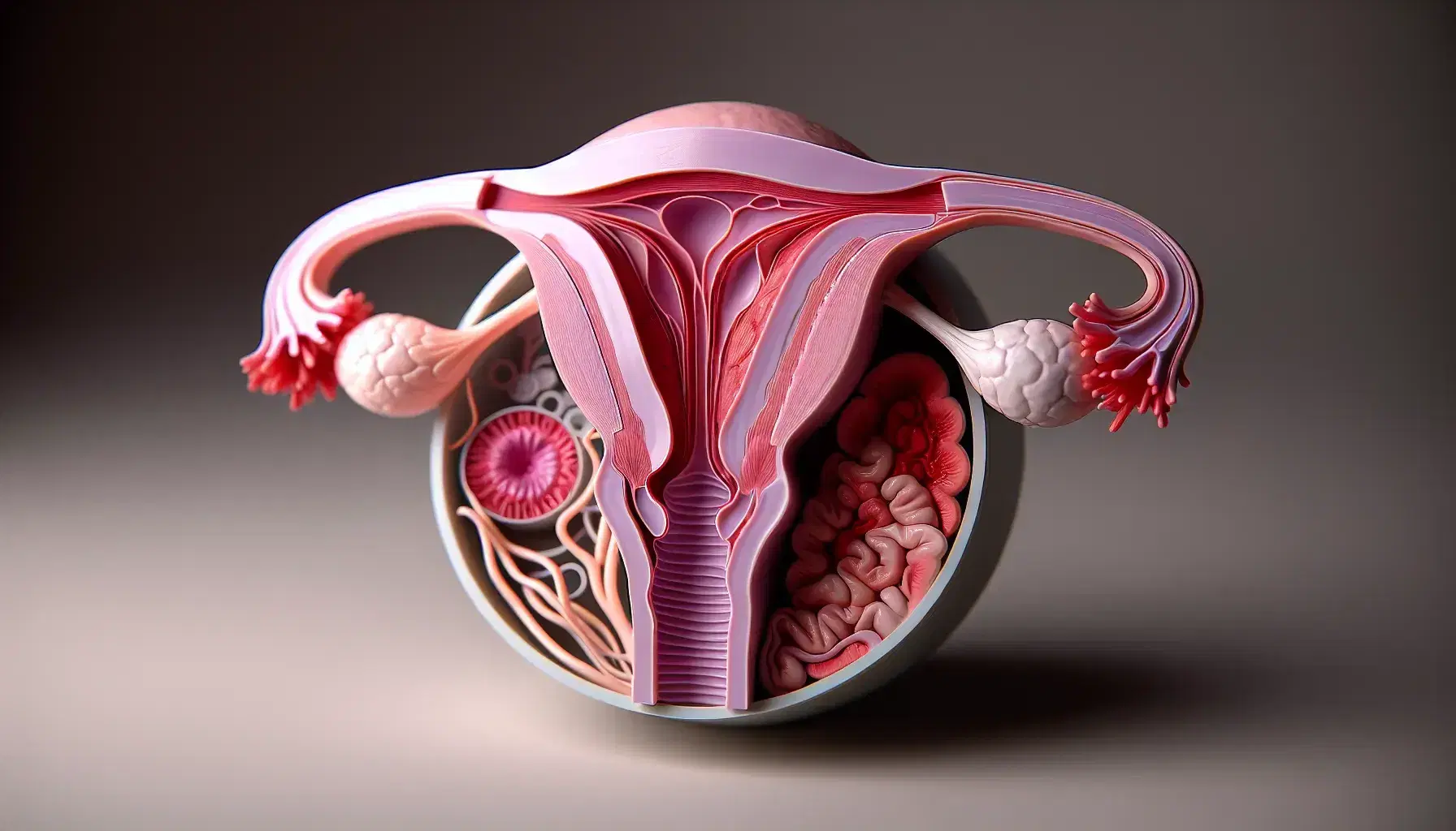 Modello anatomico 3D del sistema riproduttivo femminile con utero, tube di Falloppio, ovaie e vagina su superficie neutra.