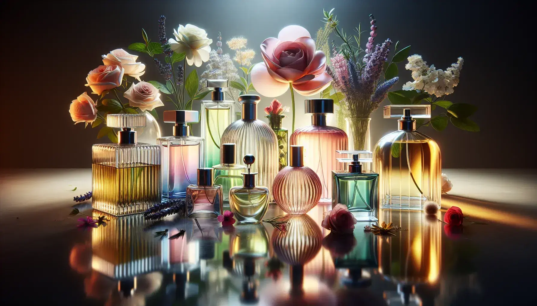 Collezione di flaconi di profumo in vetro trasparente con liquidi colorati su superficie riflettente, circondati da fiori sfocati.