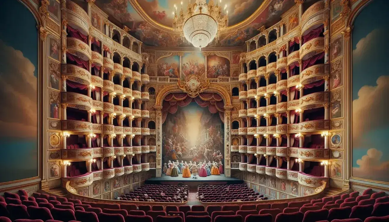 Teatro veneziano barocco con palchi dorati e velluti rossi, affreschi mitologici sulle pareti, sedie in legno e velluto rosso, attori in costume d'epoca sul palco.