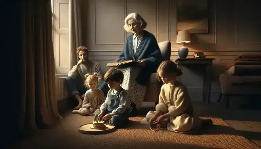 Famiglia in salotto con nonna che legge ai nipoti seduti sul tappeto e uomo appoggiato al camino osserva affettuoso.