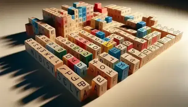 Bloques de madera de colores y tamaños variados dispuestos en superficie lisa simulando palabras, sin texto ni símbolos, para ejercicio de construcción de palabras.