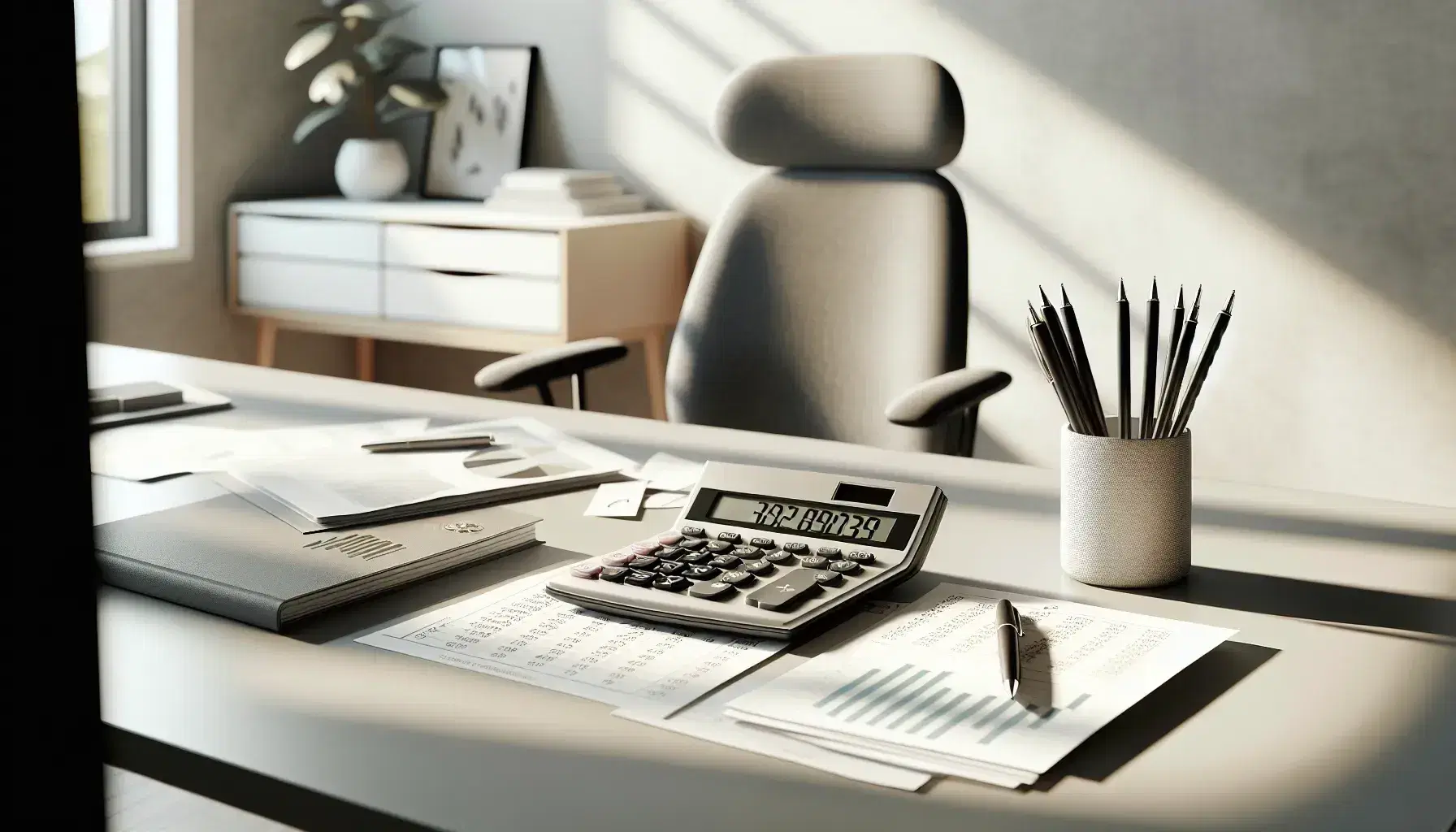 Escritorio moderno de oficina con calculadora gris, papeles con gráficos, bolígrafos y planta verde, reflejando profesionalismo y organización contable.