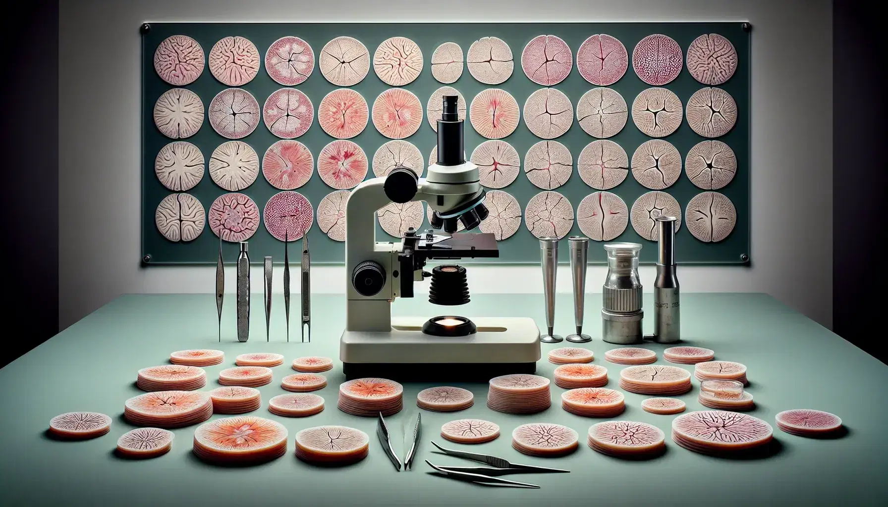 Rebanadas de tejido cerebral en laboratorio con microscopio óptico y herramientas de investigación científica.
