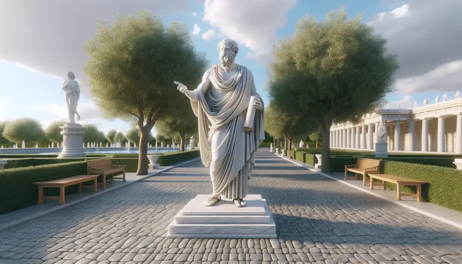 Estatua de mármol blanco de filósofo antiguo con túnica y sandalias, extendiendo una mano y sosteniendo un rollo, en parque soleado con bancos y fuente.