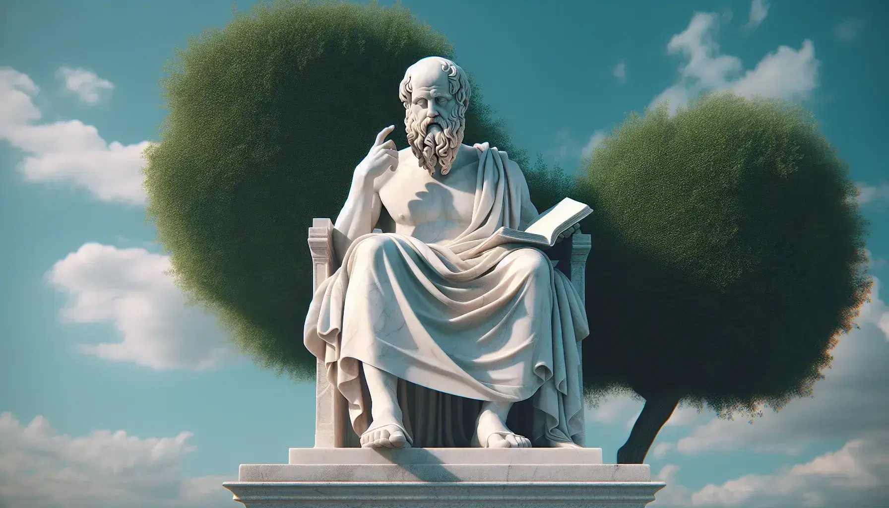 Escultura de mármol blanco de filósofo antiguo sentado, con toga y barba detallada, señalando hacia arriba, bajo cielo azul y junto a árbol verde.