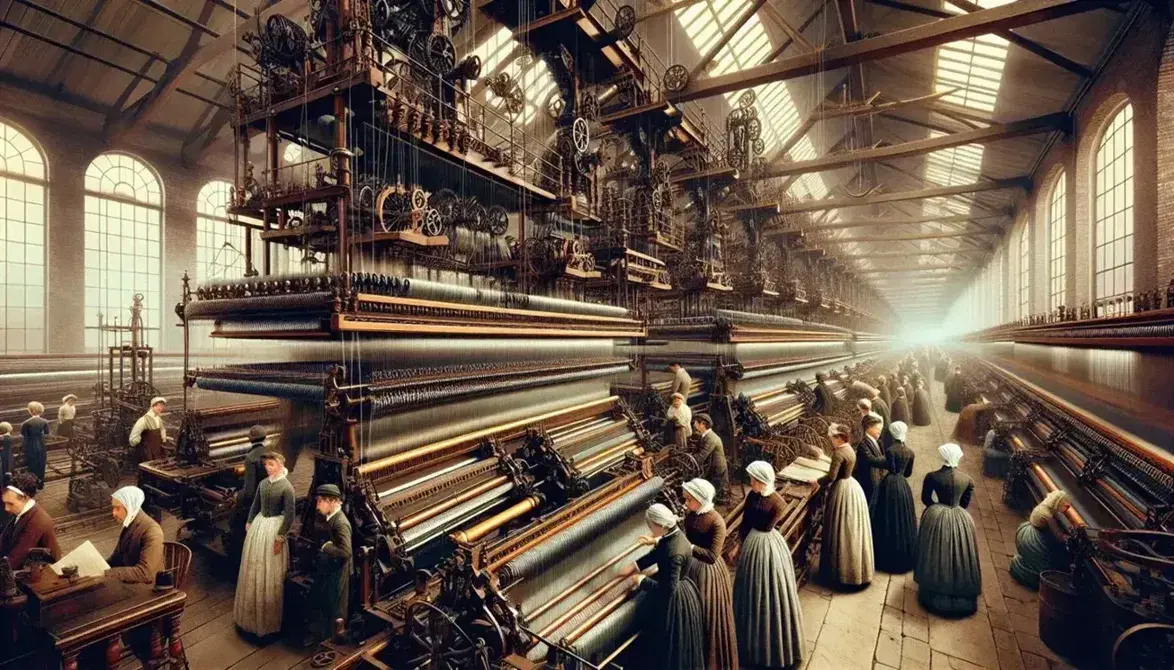 Escena de una fábrica textil de la Revolución Industrial con trabajadores operando telares de madera y metal, iluminada por luz natural de grandes ventanas.