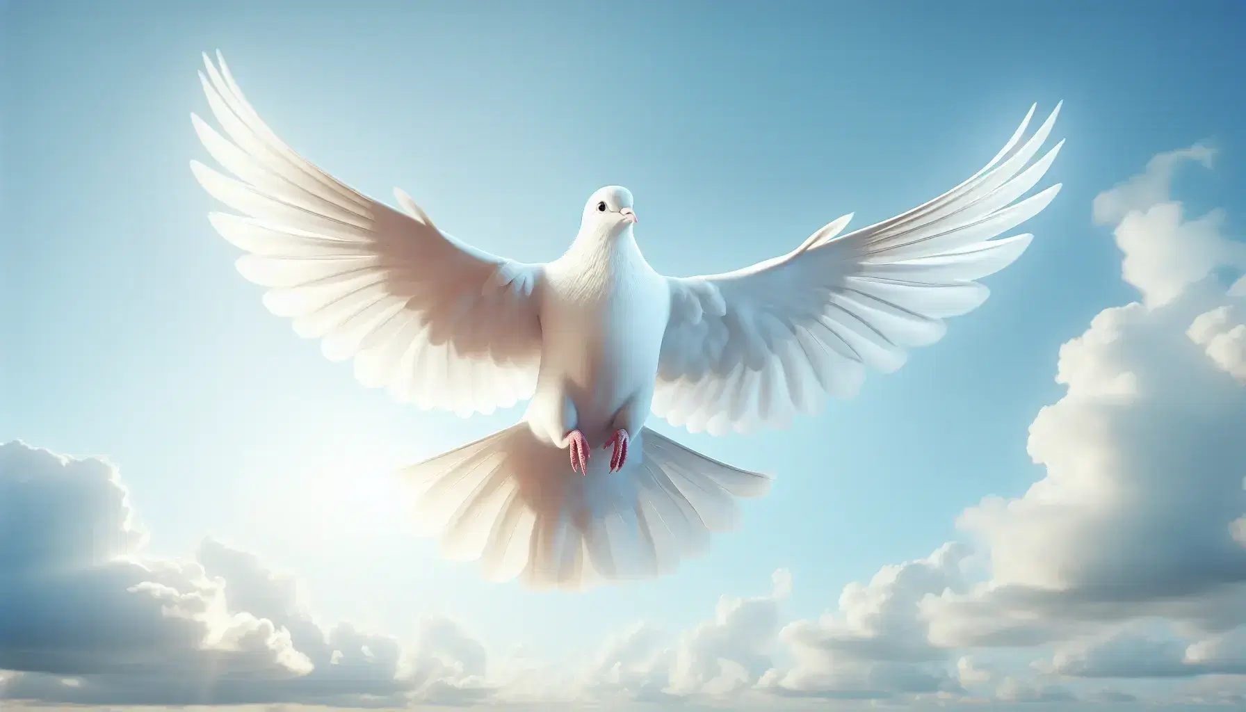 Paloma blanca en vuelo con alas extendidas contra un cielo azul claro y nubes dispersas, iluminada por el sol que resalta su plumaje.