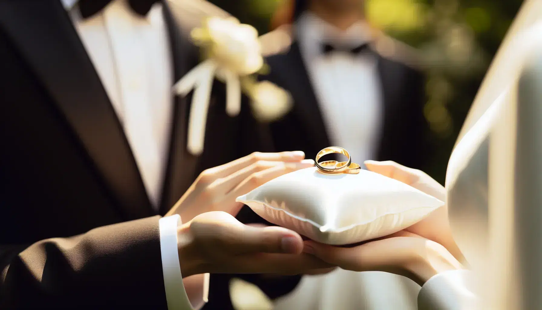 Gold wedding bands on white satin pillow with couple in formal attire exchanging rings at an outdoor ceremony, sunlight filtering through greenery.