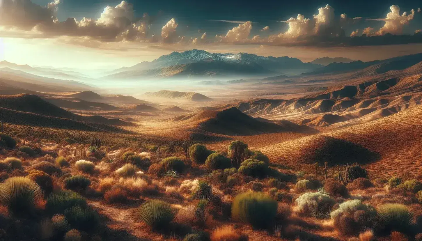 Paisaje natural en España con terreno árido y vegetación resistente en primer plano, montañas nevadas al fondo y cielo azul con nubes dispersas.