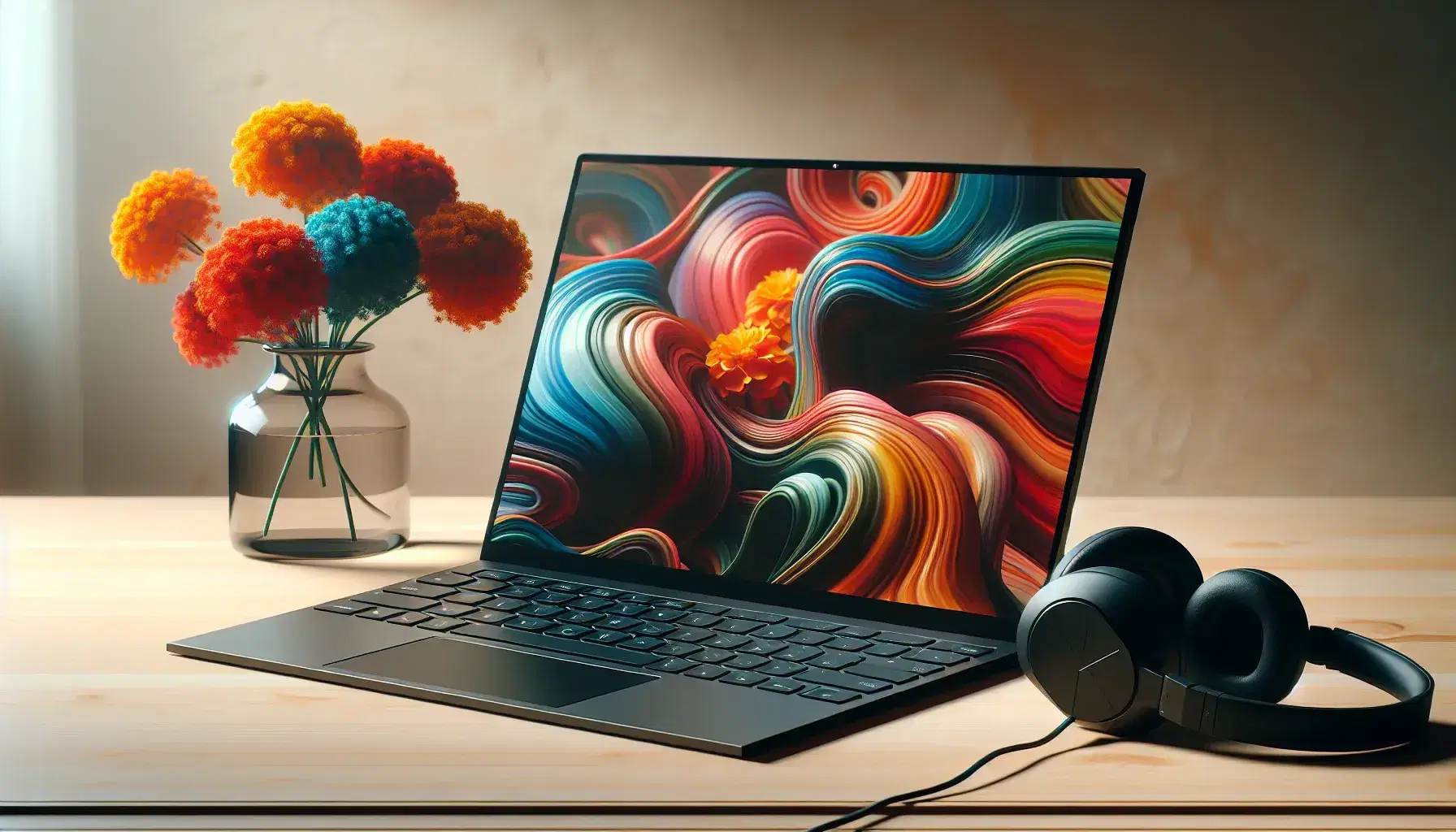 Sleek black laptop with colorful abstract screen on a wooden desk, beside matte black headphones and a vase of orange marigolds, in a softly lit room.
