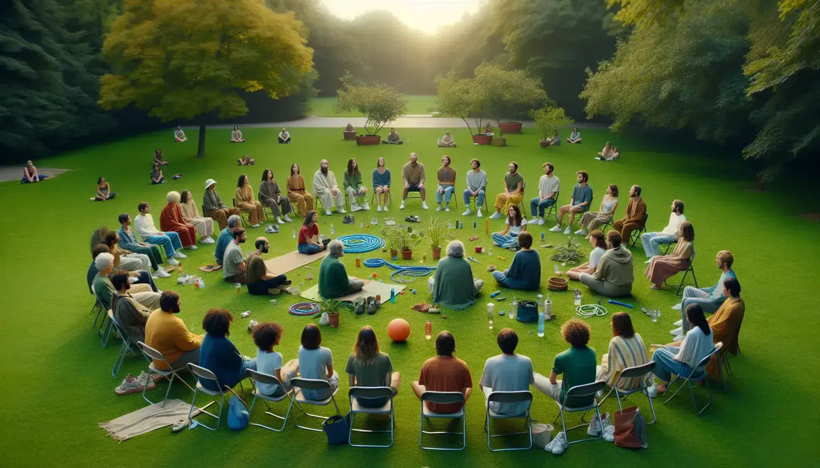 Grupo diverso de personas sentadas en círculo en un parque con objetos de actividad física en el centro, disfrutando de un entorno natural tranquilo.