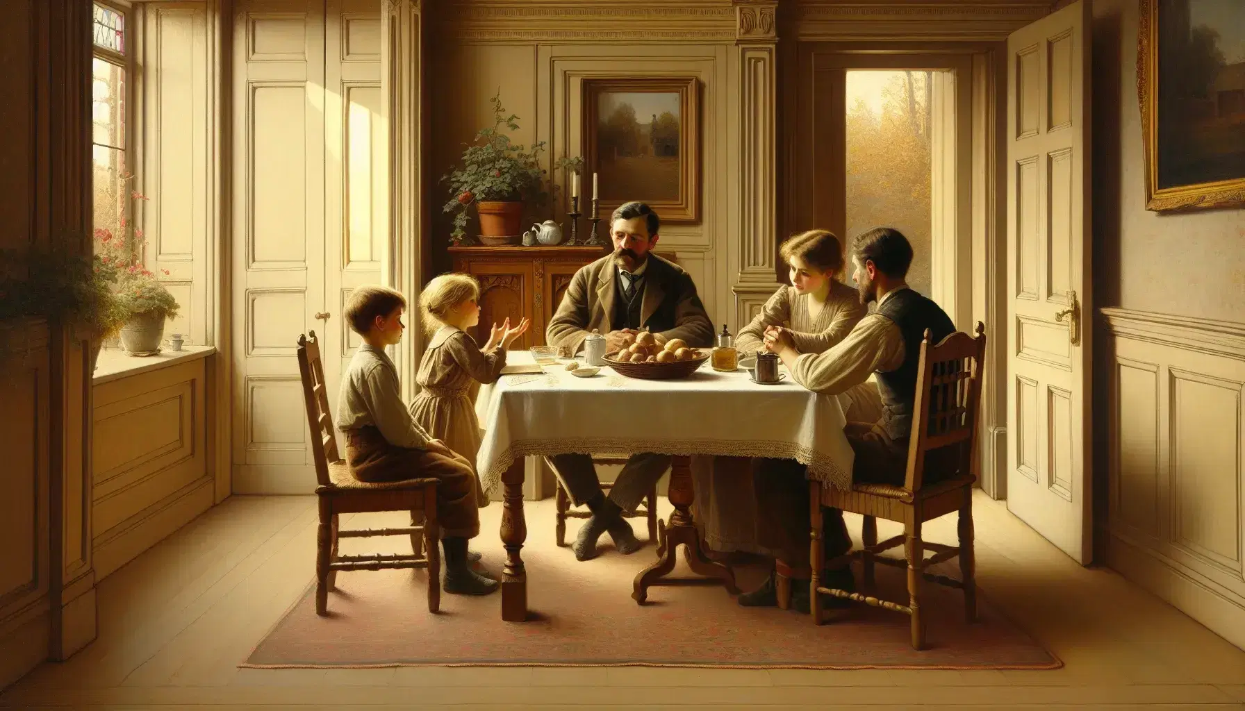 Famiglia di quattro persone intorno a un tavolo in legno chiaro con libro aperto, pianta e caraffa d'acqua, in un ambiente domestico accogliente.